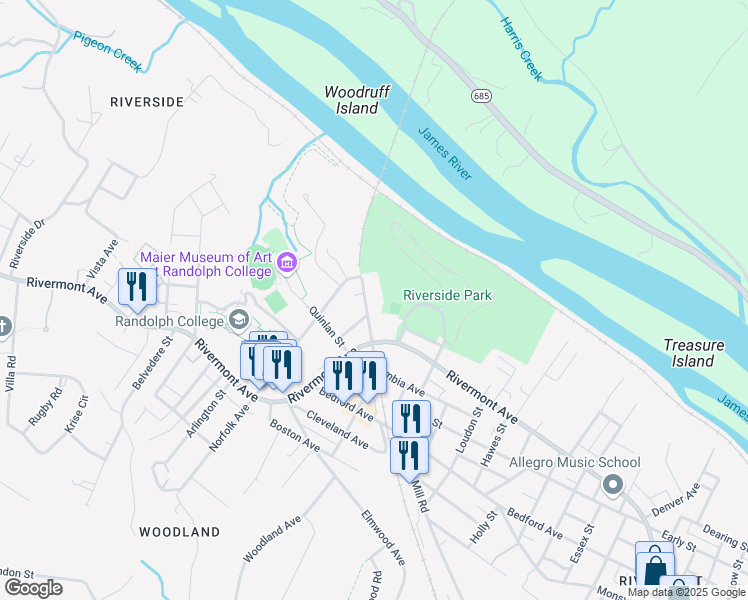 map of restaurants, bars, coffee shops, grocery stores, and more near 40 Columbia Avenue in Lynchburg