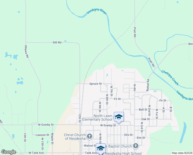 map of restaurants, bars, coffee shops, grocery stores, and more near North Redbud Lane in Neodesha