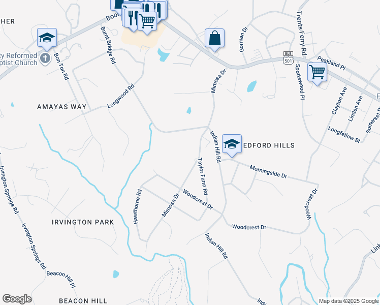 map of restaurants, bars, coffee shops, grocery stores, and more near 2201 Mimosa Drive in Lynchburg