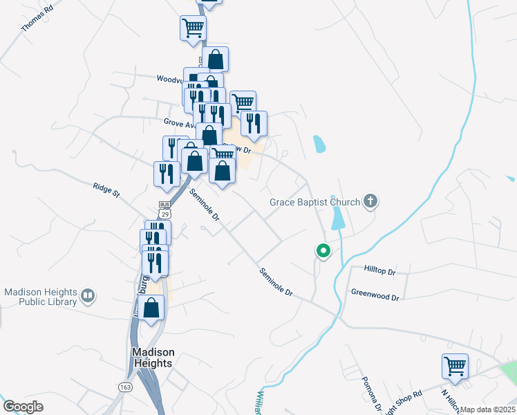 map of restaurants, bars, coffee shops, grocery stores, and more near 149 Triple Oak Circle in Madison Heights