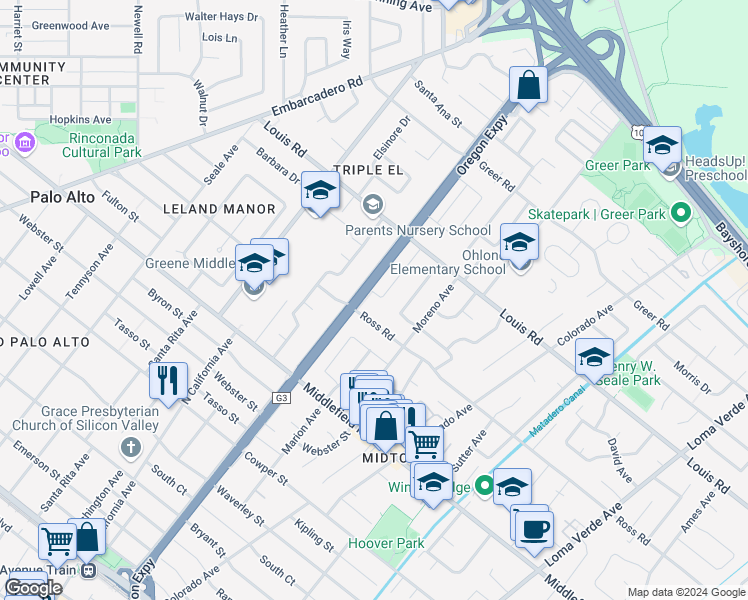 map of restaurants, bars, coffee shops, grocery stores, and more near 824 Warren Way in Palo Alto