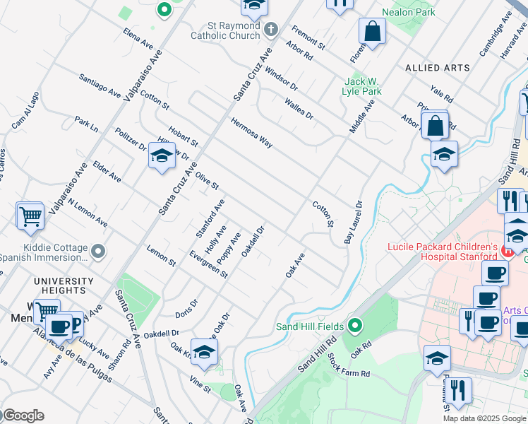 map of restaurants, bars, coffee shops, grocery stores, and more near 620 Olive Street in Menlo Park