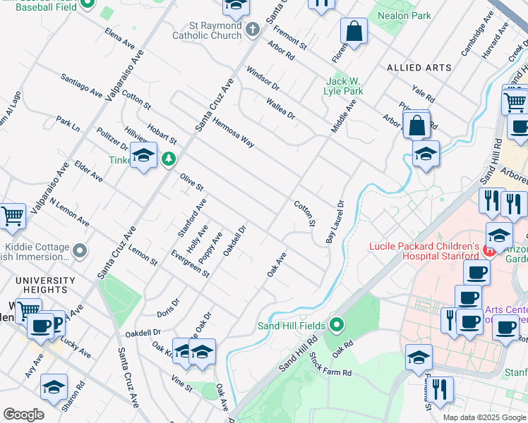 map of restaurants, bars, coffee shops, grocery stores, and more near 565 Hobart Street in Menlo Park