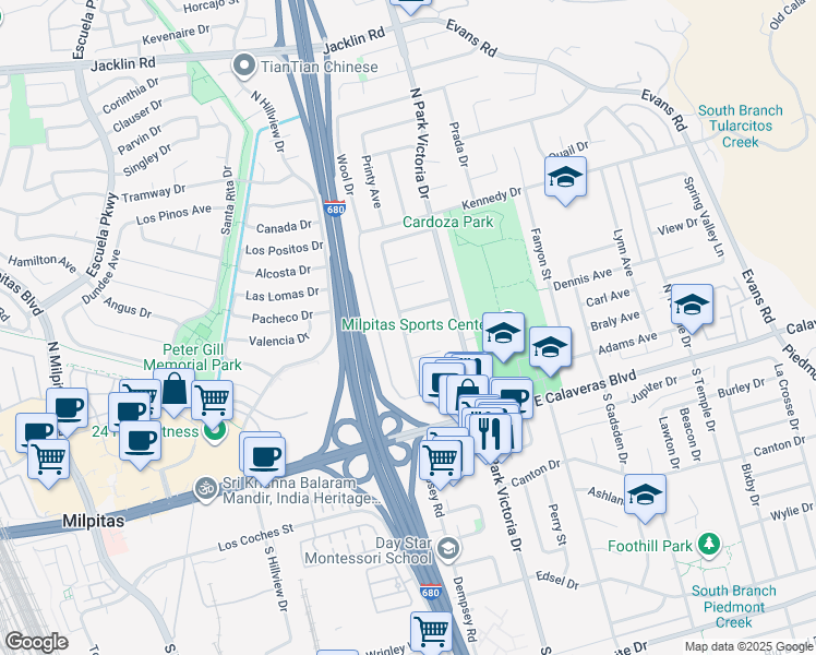 map of restaurants, bars, coffee shops, grocery stores, and more near 1113 Park Brook Court in Milpitas