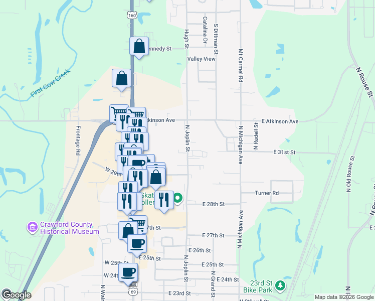 map of restaurants, bars, coffee shops, grocery stores, and more near 3041 North Joplin Street in Pittsburg