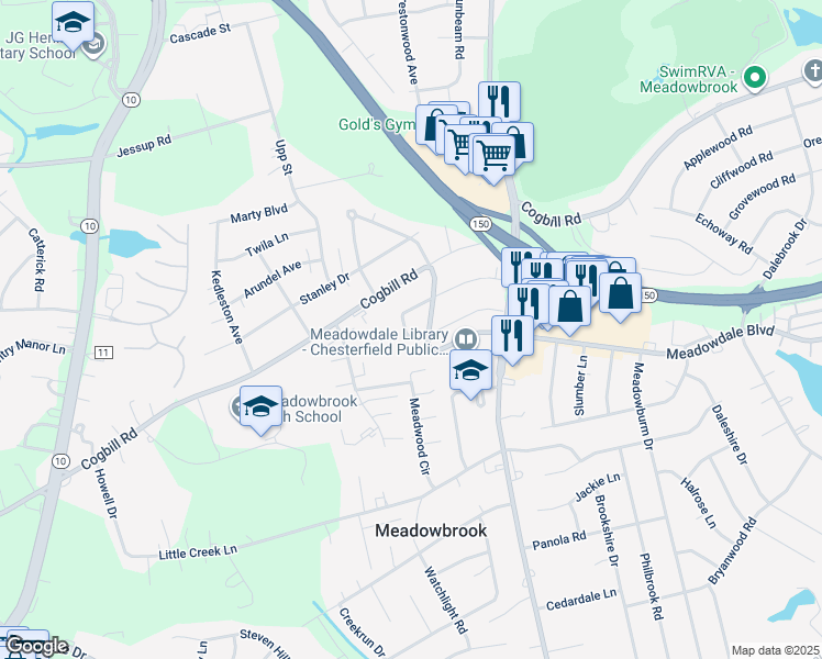 map of restaurants, bars, coffee shops, grocery stores, and more near 4426 Briarwood Drive in Richmond