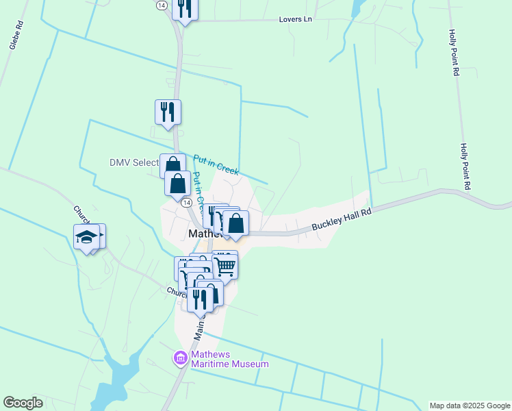 map of restaurants, bars, coffee shops, grocery stores, and more near 10993 Buckley Hall Road in Mathews