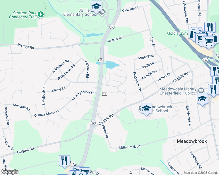 map of restaurants, bars, coffee shops, grocery stores, and more near 5913 Lakemere Drive in Richmond