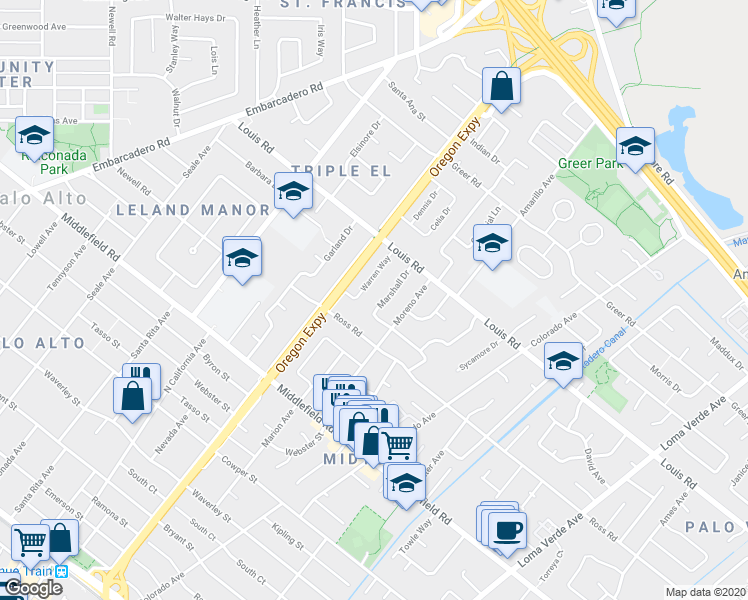 map of restaurants, bars, coffee shops, grocery stores, and more near 843 Marshall Drive in Palo Alto
