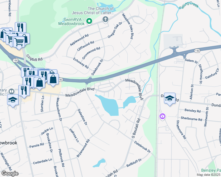 map of restaurants, bars, coffee shops, grocery stores, and more near 3600 Meadowdale Boulevard in Richmond