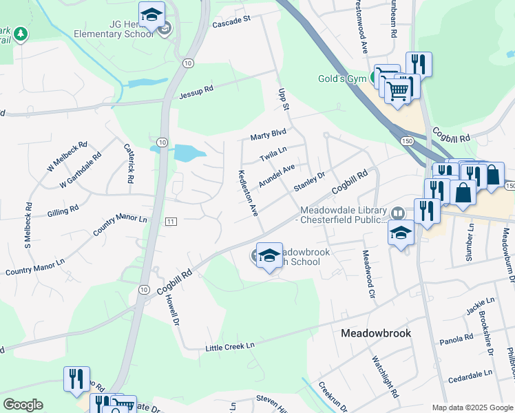 map of restaurants, bars, coffee shops, grocery stores, and more near 4846 Stanley Drive in Richmond