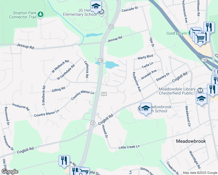 map of restaurants, bars, coffee shops, grocery stores, and more near 5913 Lakemere Drive in Richmond