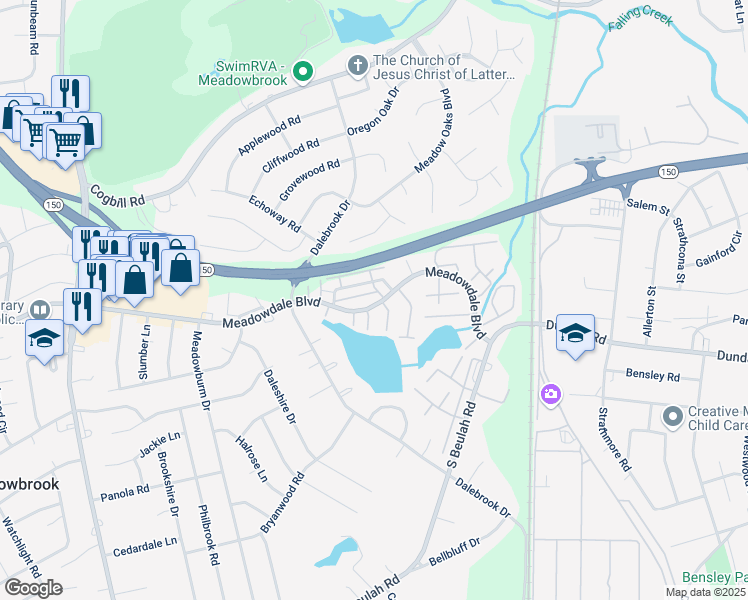 map of restaurants, bars, coffee shops, grocery stores, and more near 3600 Meadowdale Boulevard in Richmond