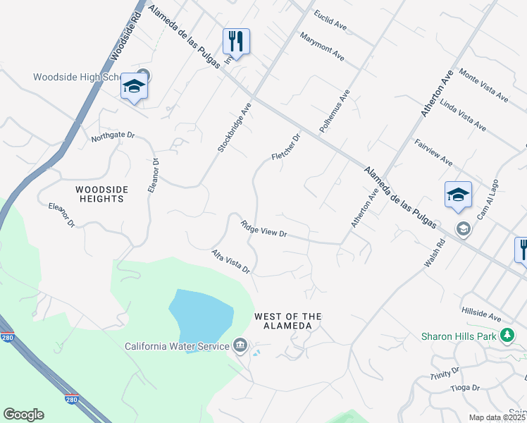 map of restaurants, bars, coffee shops, grocery stores, and more near 385 Fletcher Drive in Atherton