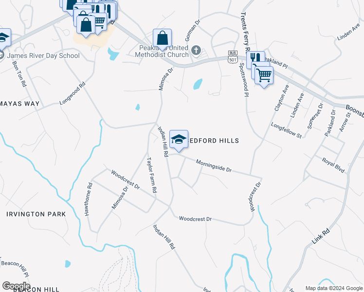 map of restaurants, bars, coffee shops, grocery stores, and more near 4330 Morningside Drive in Lynchburg