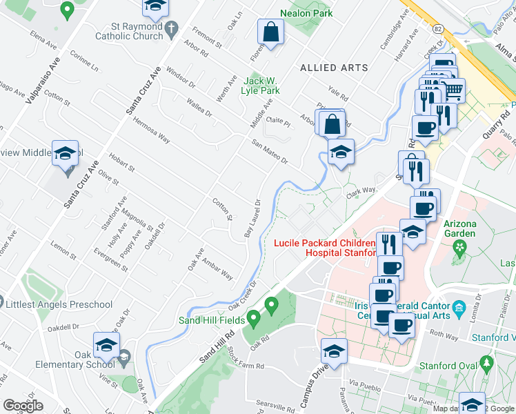 map of restaurants, bars, coffee shops, grocery stores, and more near Bay Laurel Dr & Hermosa Way in Menlo Park