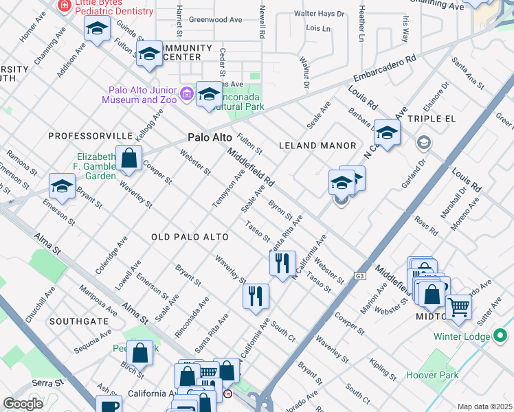 map of restaurants, bars, coffee shops, grocery stores, and more near 1919 Webster Street in Palo Alto