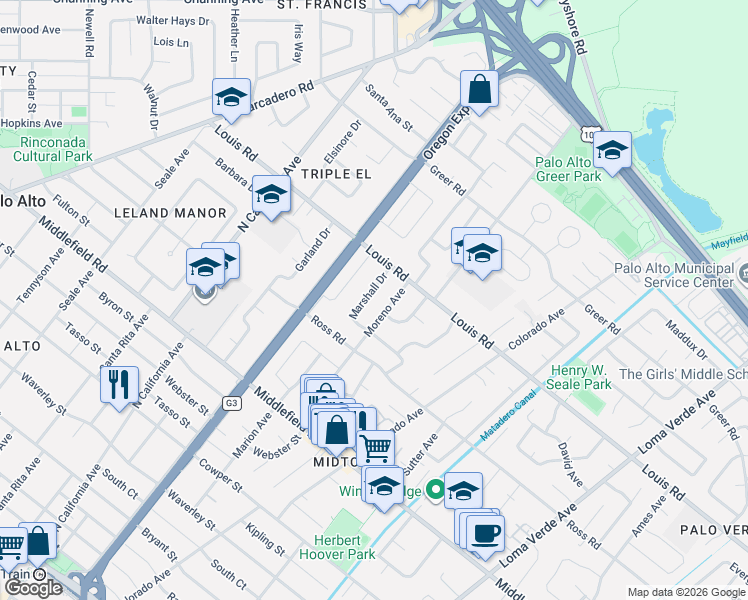map of restaurants, bars, coffee shops, grocery stores, and more near 860 Marshall Drive in Palo Alto