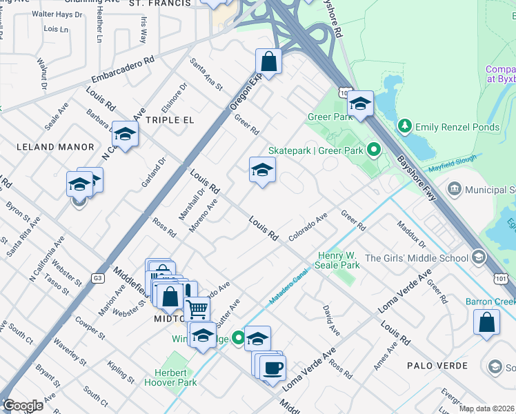 map of restaurants, bars, coffee shops, grocery stores, and more near 2711 Louis Road in Palo Alto
