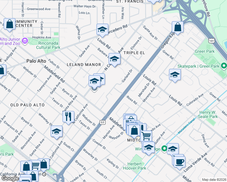 map of restaurants, bars, coffee shops, grocery stores, and more near 2350 Ross Road in Palo Alto