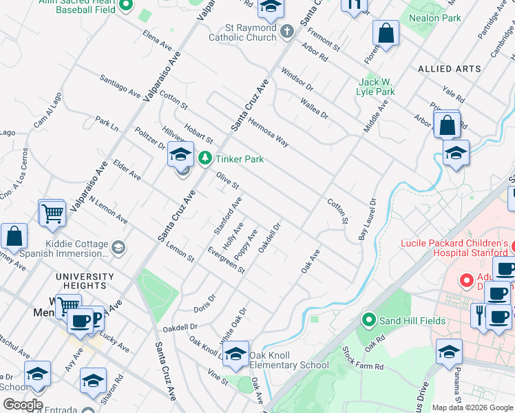 map of restaurants, bars, coffee shops, grocery stores, and more near 800 Magnolia Street in Menlo Park