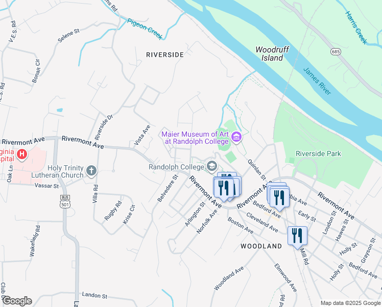 map of restaurants, bars, coffee shops, grocery stores, and more near 145 North Princeton Circle in Lynchburg