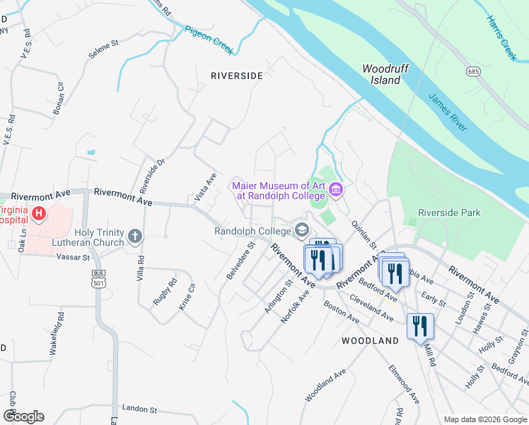 map of restaurants, bars, coffee shops, grocery stores, and more near 145 North Princeton Circle in Lynchburg