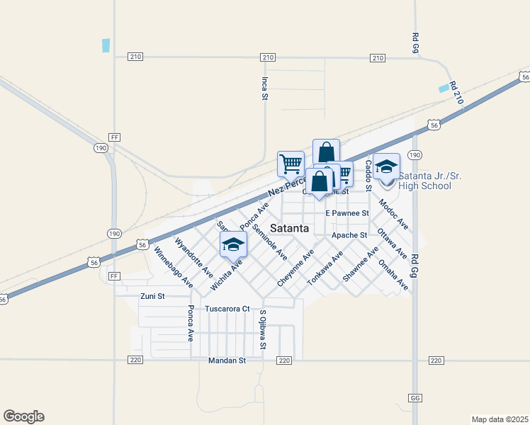 map of restaurants, bars, coffee shops, grocery stores, and more near 500 Navajo Avenue in Satanta