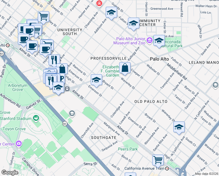 map of restaurants, bars, coffee shops, grocery stores, and more near 1404 Bryant Street in Palo Alto
