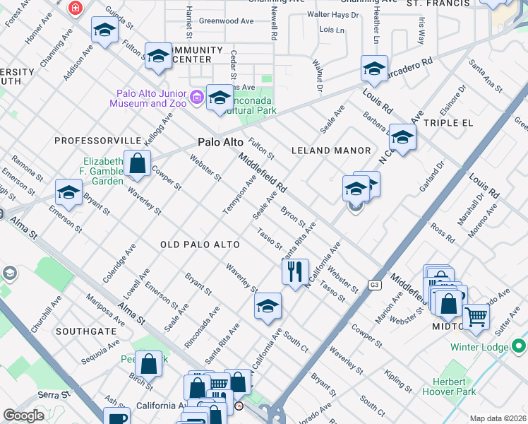 map of restaurants, bars, coffee shops, grocery stores, and more near 600 Seale Avenue in Palo Alto
