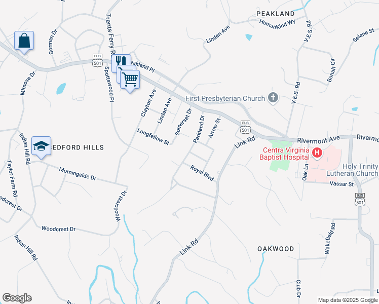 map of restaurants, bars, coffee shops, grocery stores, and more near 1699 Parkland Drive in Lynchburg