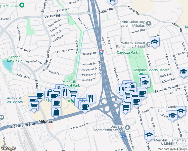 map of restaurants, bars, coffee shops, grocery stores, and more near 895 Valencia Drive in Milpitas