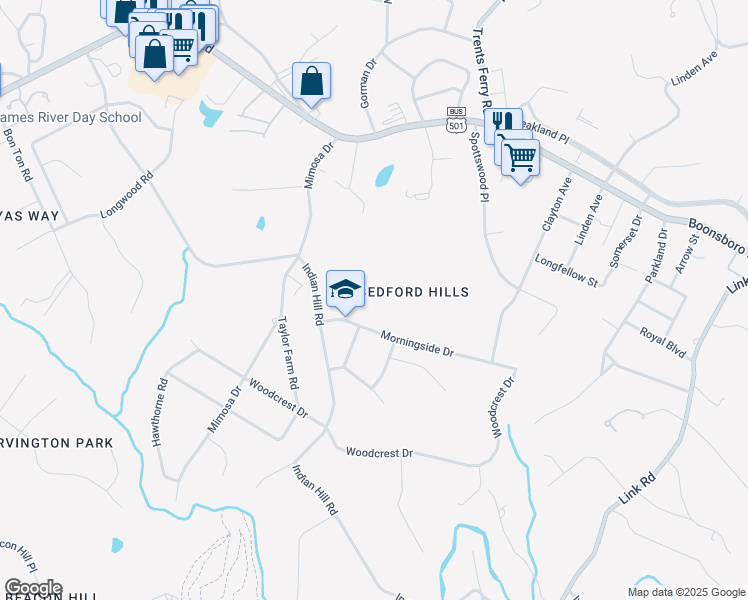 map of restaurants, bars, coffee shops, grocery stores, and more near 4330 Morningside Drive in Lynchburg