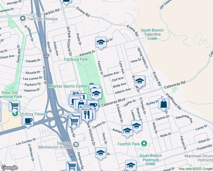 map of restaurants, bars, coffee shops, grocery stores, and more near 142 Fanyon Street in Milpitas