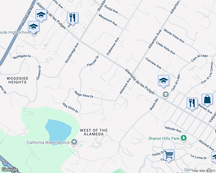 map of restaurants, bars, coffee shops, grocery stores, and more near 97 Mandarin Way in Atherton