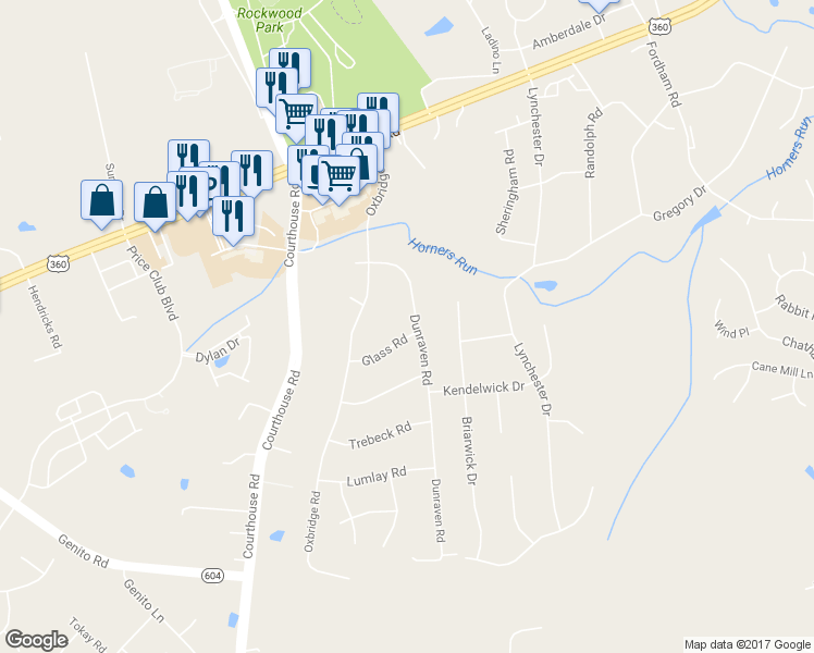 map of restaurants, bars, coffee shops, grocery stores, and more near 9900 Glass Road in Richmond