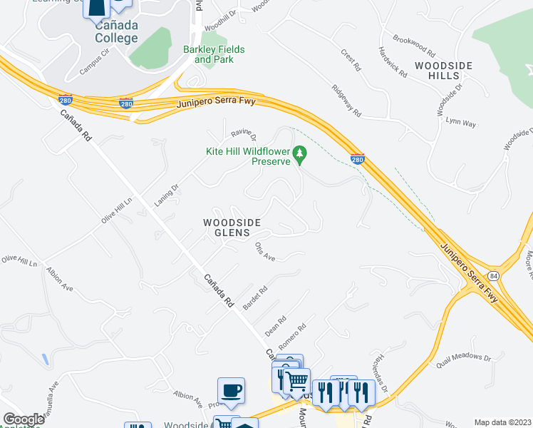 map of restaurants, bars, coffee shops, grocery stores, and more near 235 Hillside Drive in Woodside