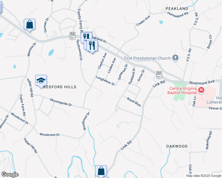 map of restaurants, bars, coffee shops, grocery stores, and more near 3001 Longfellow Street in Lynchburg
