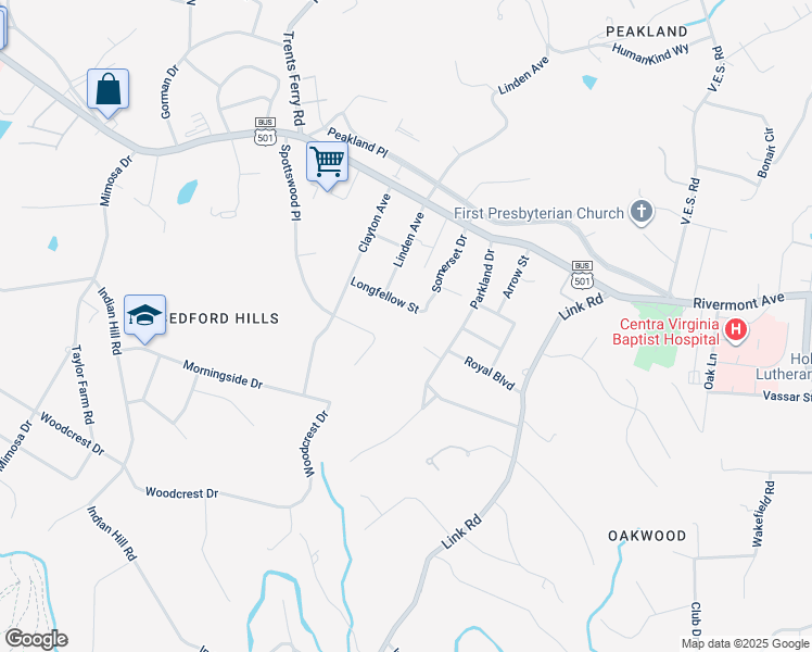 map of restaurants, bars, coffee shops, grocery stores, and more near 3001 Longfellow Street in Lynchburg