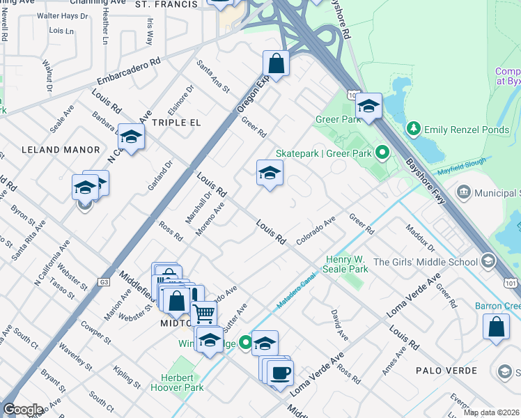 map of restaurants, bars, coffee shops, grocery stores, and more near 2711 Louis Road in Palo Alto