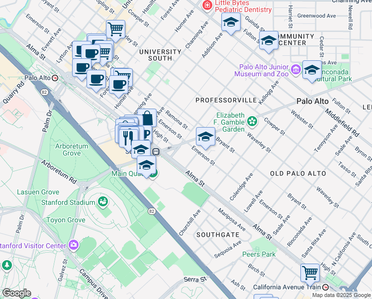 map of restaurants, bars, coffee shops, grocery stores, and more near 160 Kingsley Avenue in Palo Alto