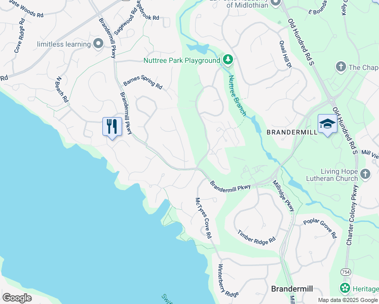 map of restaurants, bars, coffee shops, grocery stores, and more near 3611 Stoney Ridge Road in Midlothian