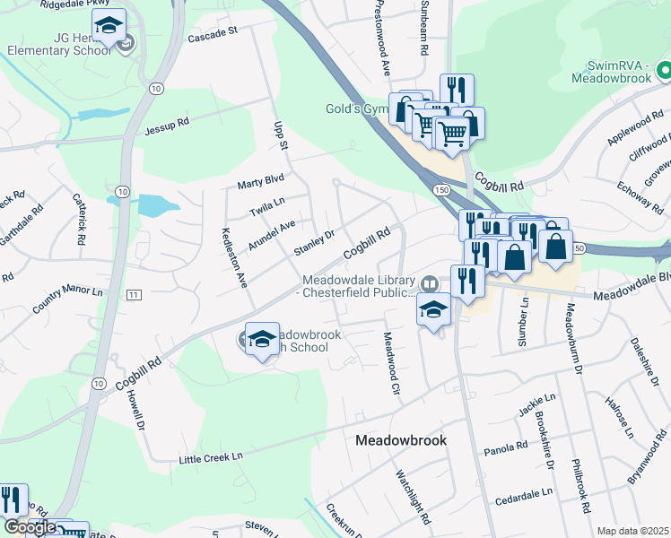 map of restaurants, bars, coffee shops, grocery stores, and more near 4601 Cogbill Road in Richmond