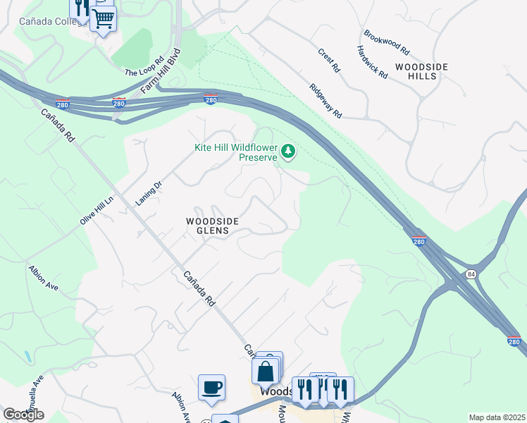 map of restaurants, bars, coffee shops, grocery stores, and more near 129 Hillside Drive in Woodside