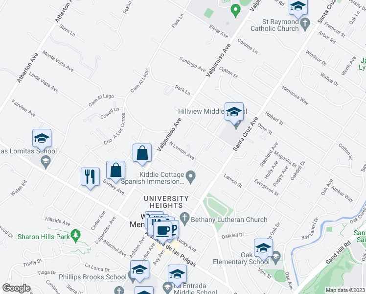 map of restaurants, bars, coffee shops, grocery stores, and more near 1351 North Lemon Avenue in Menlo Park