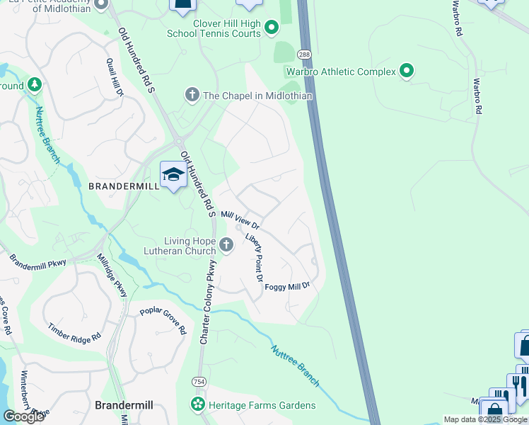 map of restaurants, bars, coffee shops, grocery stores, and more near 12818 Mill Shed Drive in Midlothian