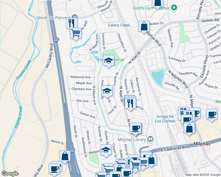 map of restaurants, bars, coffee shops, grocery stores, and more near 745 Coyote Street in Milpitas