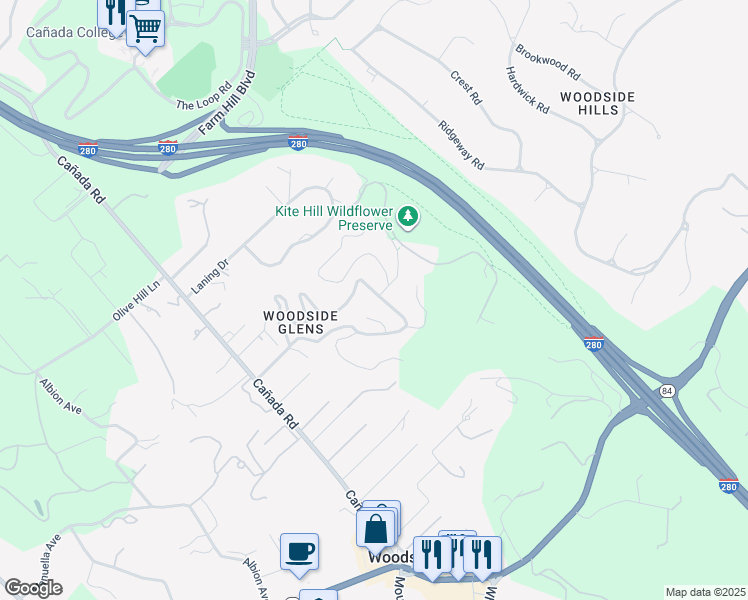 map of restaurants, bars, coffee shops, grocery stores, and more near 129 Hillside Drive in Woodside