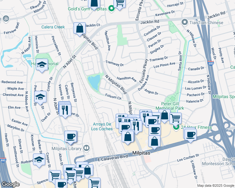 map of restaurants, bars, coffee shops, grocery stores, and more near 819 Folsom Circle in Milpitas