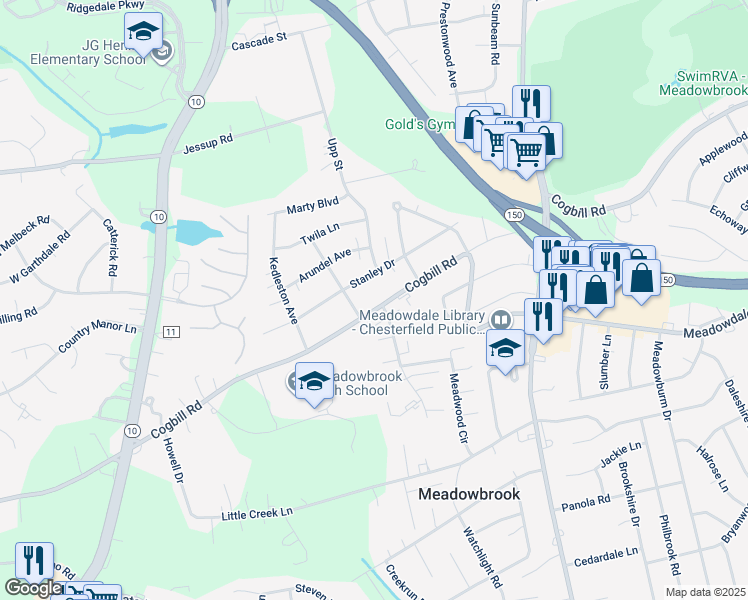 map of restaurants, bars, coffee shops, grocery stores, and more near 4700 Cogbill Road in Richmond